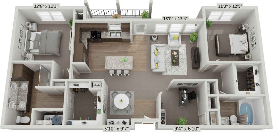 Floor plan for 2 beds, 2 baths, 1303 sqft