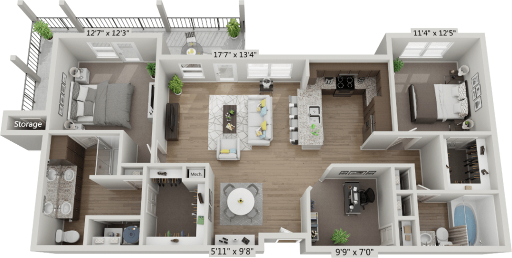 Floor plan for 2 beds, 2 baths, 1303 sqft