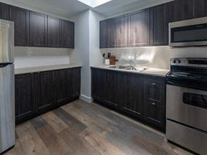 Toronto apartment for rent - a kitchen with black cabinets and stainless steel appliances