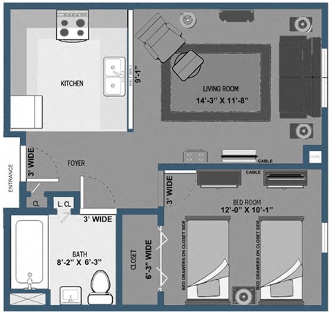 Floor plan for 1 bed, 1 bath, 540 sqft