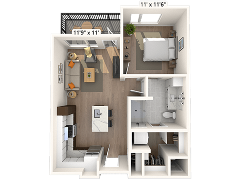 Floor plan for 1 bed, 1 bath, 640 sqft