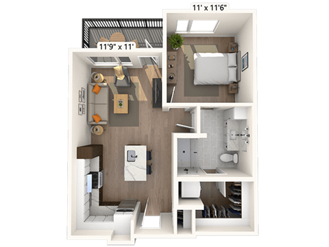 Floor plan for 1 bed, 1 bath, 640 sqft