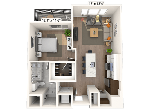 Floor plan for 1 bed, 1 bath, 724 sqft