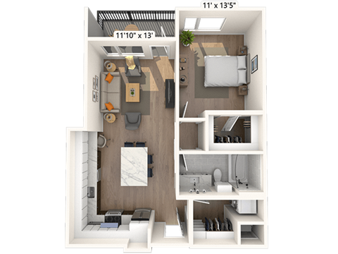 Floor plan for 1 bed, 1 bath, 747 sqft