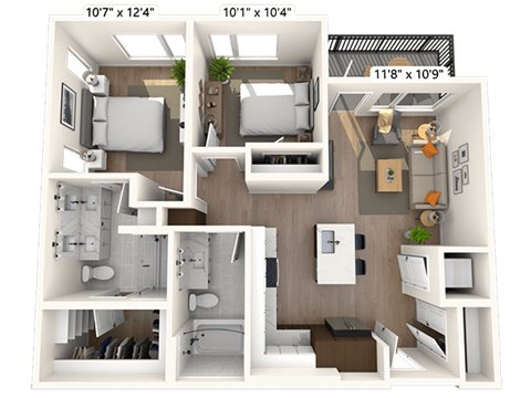 Floor plan for 2 beds, 2 baths, 907 sqft