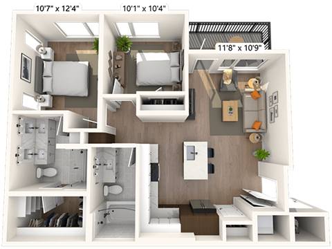 Floor plan for 2 beds, 2 baths, 904 sqft