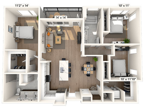 Floor plan for 3 beds, 2 baths, 1386 sqft