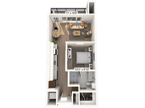 Floor plan for 1 bed, 1 bath, 607 sqft