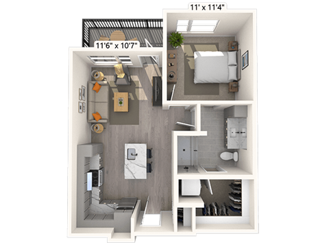 Floor plan for 1 bed, 1 bath, 639 sqft