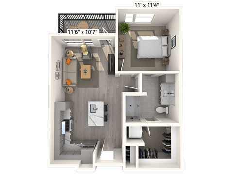 Floor plan for 1 bed, 1 bath, 651 sqft