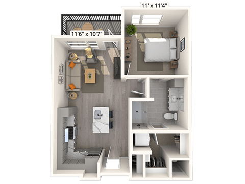 Floor plan for 1 bed, 1 bath, 639 sqft