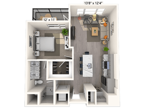Floor plan for 1 bed, 1 bath, 723 sqft