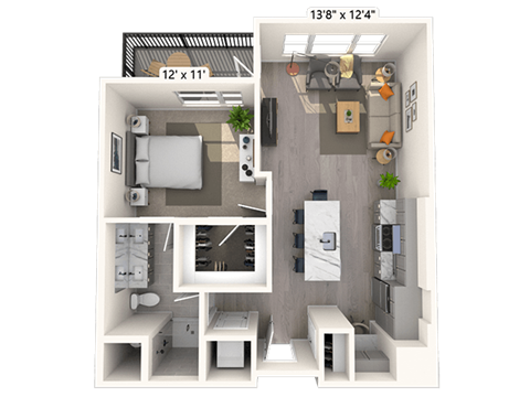 Floor plan for 1 bed, 1 bath, 723 sqft