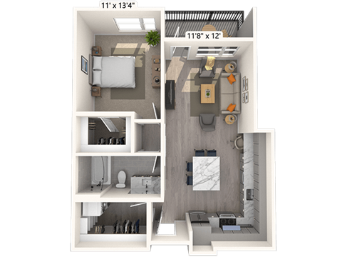 Floor plan for 1 bed, 1 bath, 756 sqft