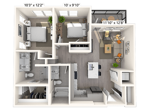 Floor plan for 2 beds, 2 baths, 906 sqft