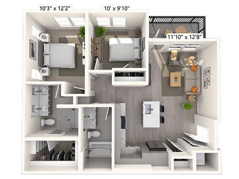 Floor plan for 2 beds, 2 baths, 903 sqft