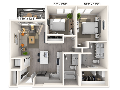 Floor plan for 2 beds, 2 baths, 906 sqft