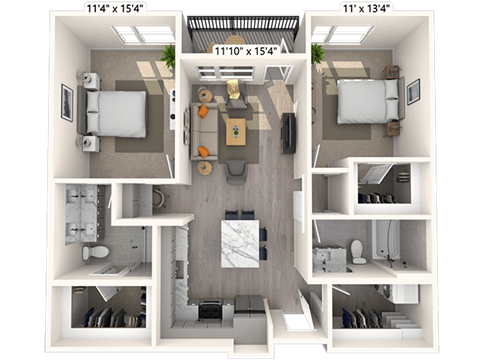 Floor plan for 2 beds, 2 baths, 1103 sqft