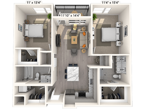 Floor plan for 2 beds, 2 baths, 1091 sqft