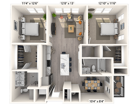 Floor plan for 2 beds, 2 baths, 1235 sqft