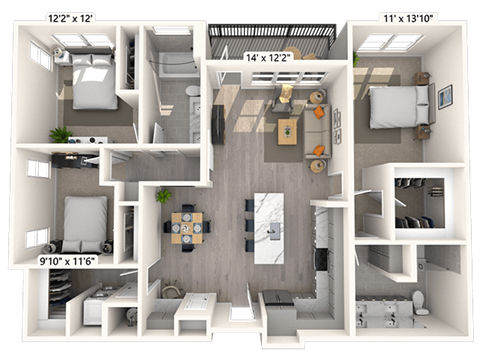 Floor plan for 3 beds, 2 baths, 1386 sqft