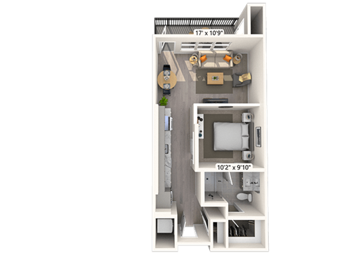 Floor plan for 1 bed, 1 bath, 607 sqft