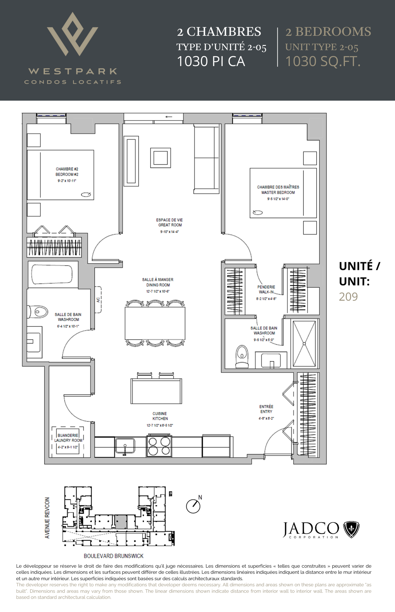 Floor plan for 2 beds, 2 baths, 1030 sqft