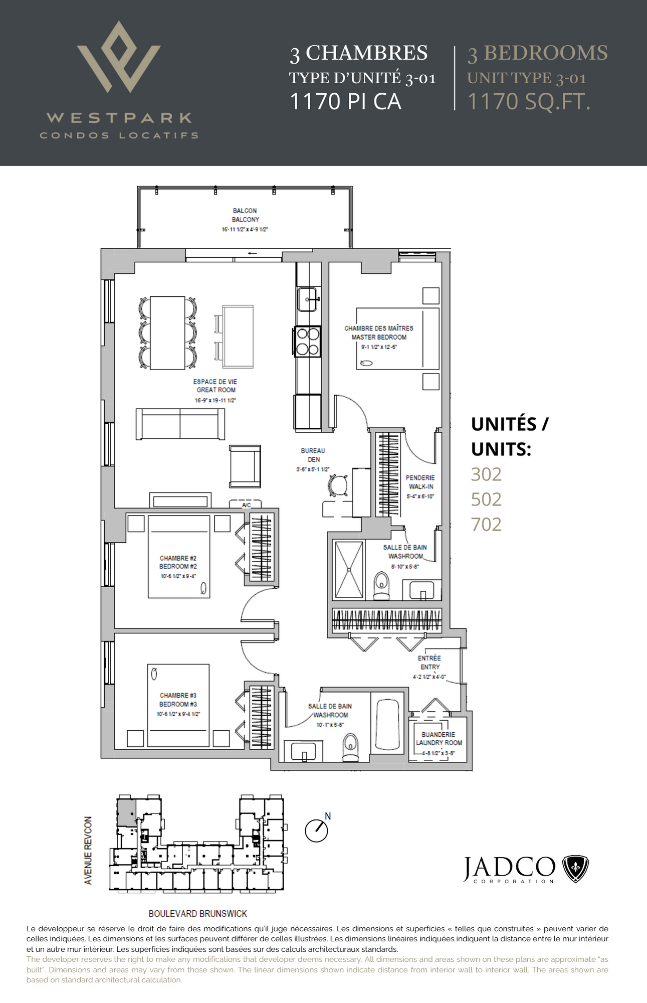 Floor plan for 3 beds, 2 baths, 1170 sqft