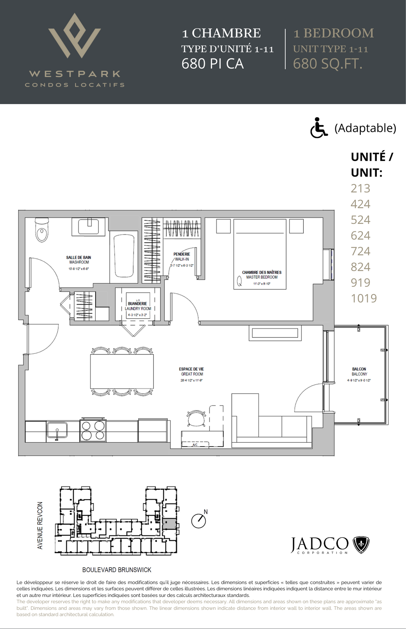 Floor plan for 1 bed, 1 bath, 680 sqft