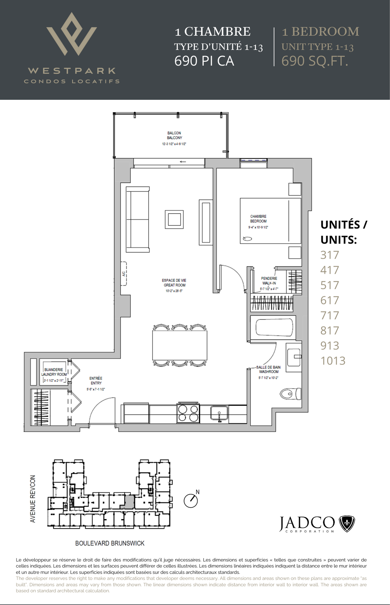 Floor plan for 1 bed, 1 bath, 690 sqft