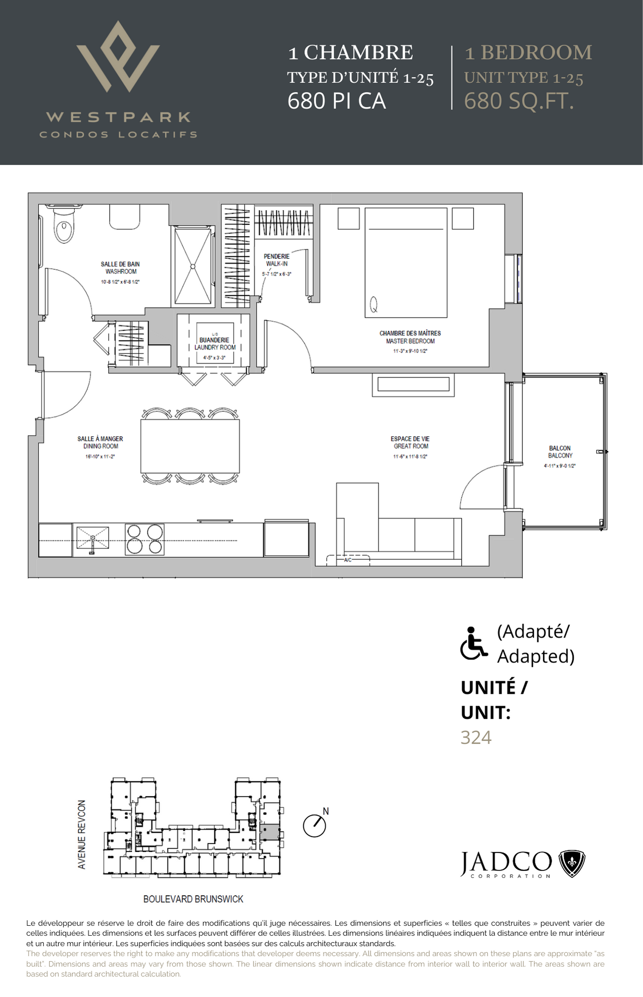 Floor plan for 1 bed, 1 bath, 680 sqft