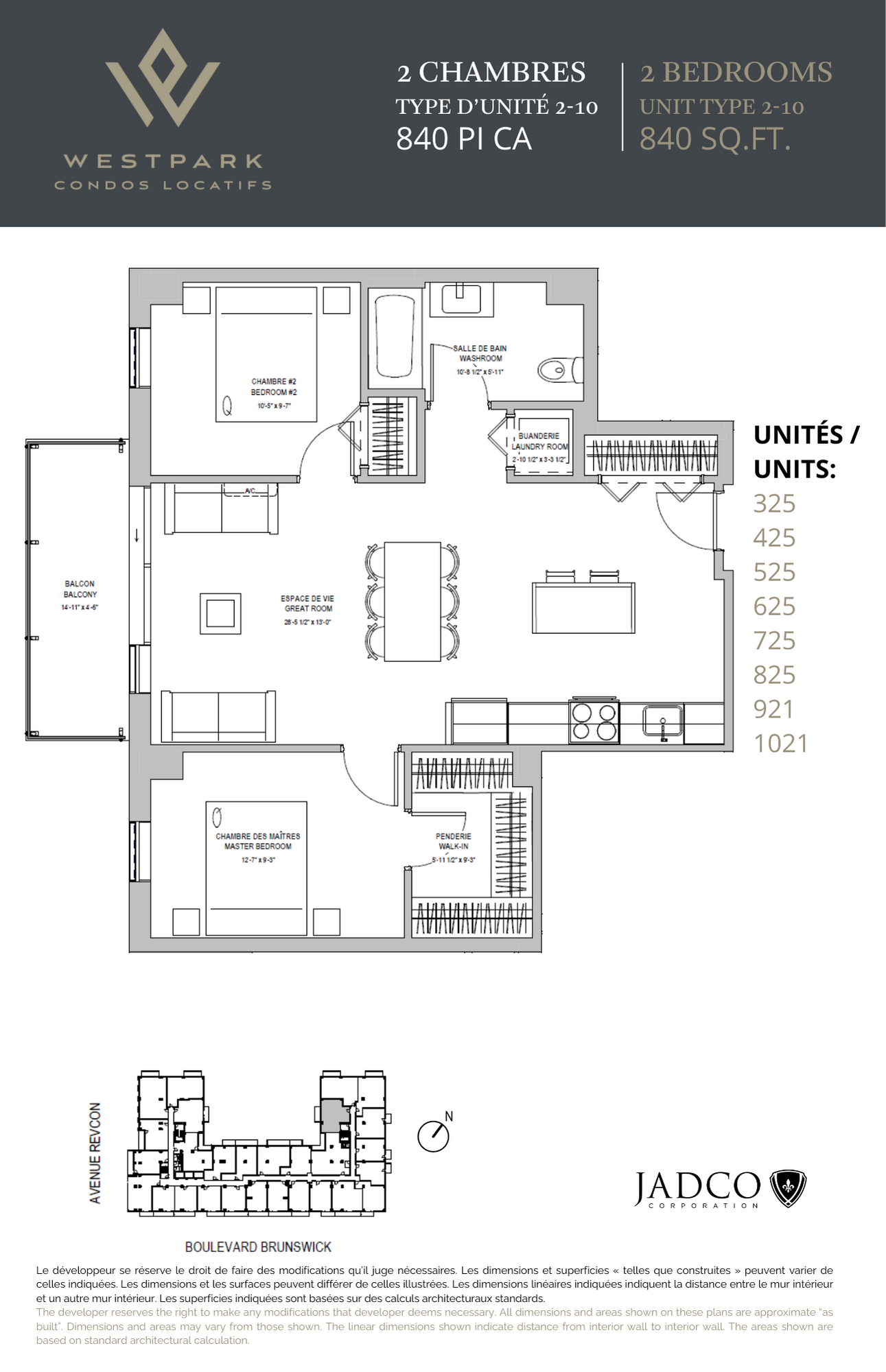 Floor plan for 2 beds, 1 bath, 840 sqft