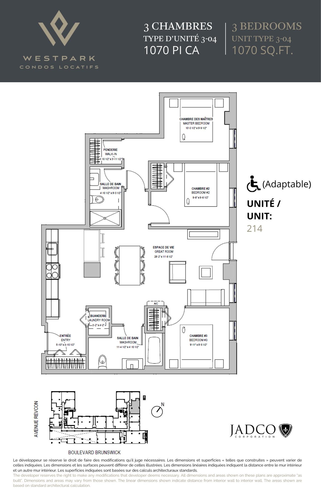 Floor plan for 3 beds, 2 baths, 1070 sqft