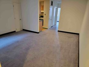 Philadelphia apartment for rent - a living room with a carpeted floor and a hallway with a kitchen