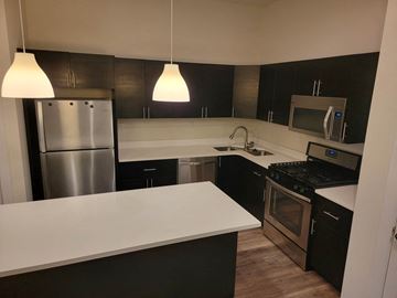 Philadelphia apartment for rent - a kitchen with black cabinets and stainless steel appliances