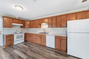Jacksonville house for rent - an empty kitchen with wooden cabinets and white appliances