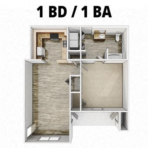 Floor plan for 1 bed, 1 bath, 808 sqft