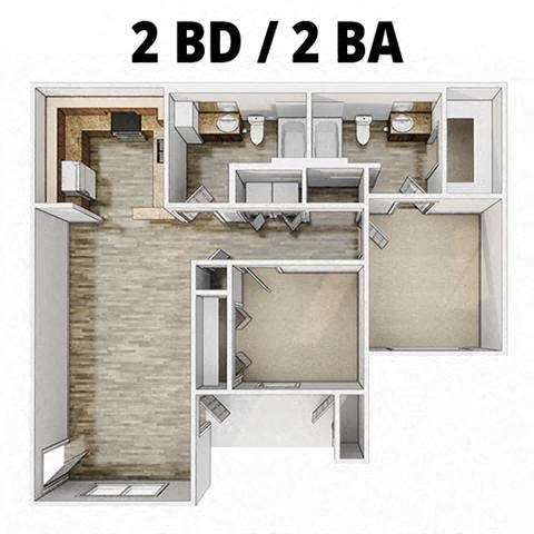 Floor plan for 2 beds, 2 baths, 985 sqft