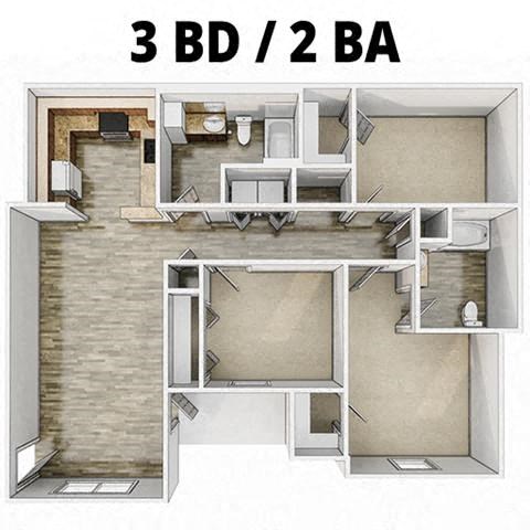 Floor plan for 3 beds, 2 baths, 1194 sqft