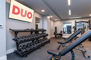 Chelsea apartment for rent - DUO Apartments gym featuring multiple adjustable benches, dumbbell racks, and a DUO-branded screen on the wall, creating a modern and organized workout space.