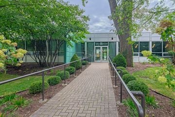 Chicago apartment for rent - A pathway leads to a building entrance surrounded by greenery.