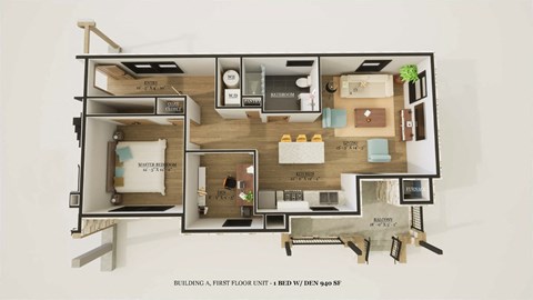 Floor plan for 1 bed, 1 bath, 940 sqft