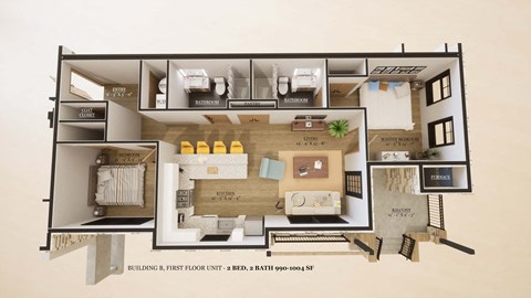 Floor plan for 2 beds, 2 baths, 990 sqft
