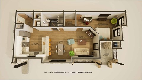 Floor plan for 1 bed, 1 bath, 983 sqft