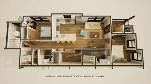 Floor plan for 2 beds, 2 baths, 1039 sqft