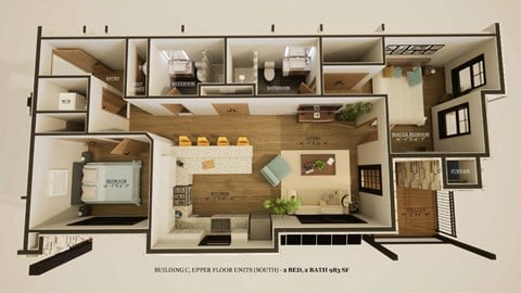 Floor plan for 2 beds, 2 baths, 983 sqft