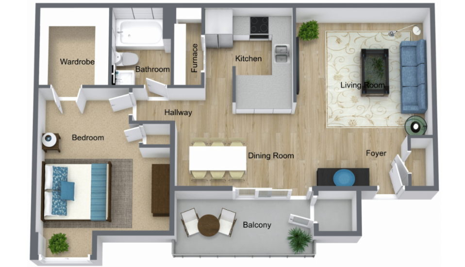 Floor plan for 1 bed, 1 bath, 800 sqft