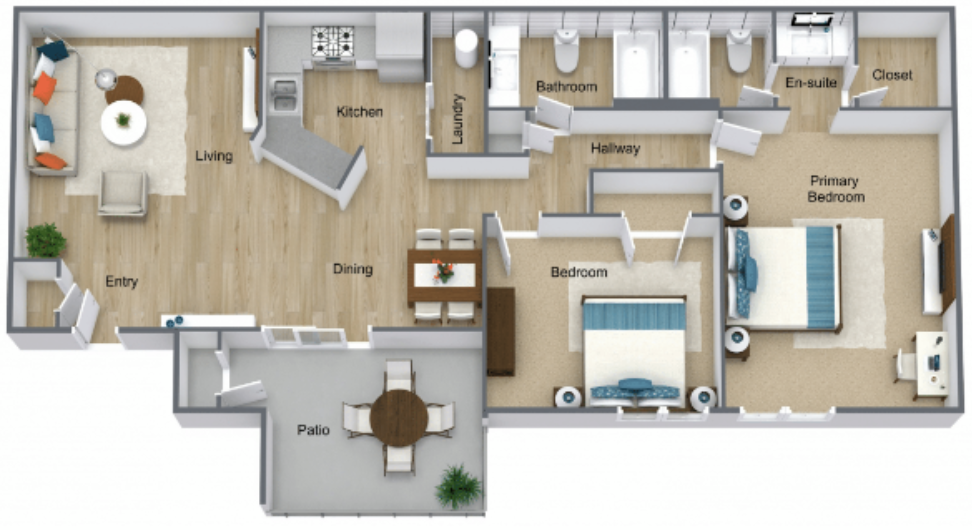 Floor plan for 2 beds, 2 baths, 1100 sqft