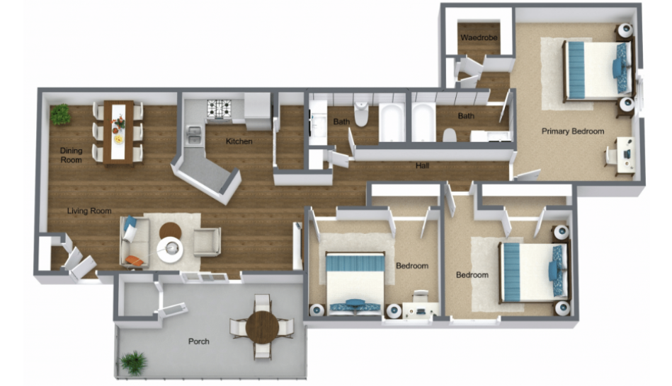 Floor plan for 3 beds, 2 baths, 1300 sqft