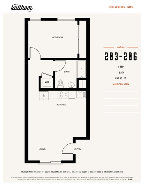 Floor plan for 1 bed, 1 bath, 585 sqft